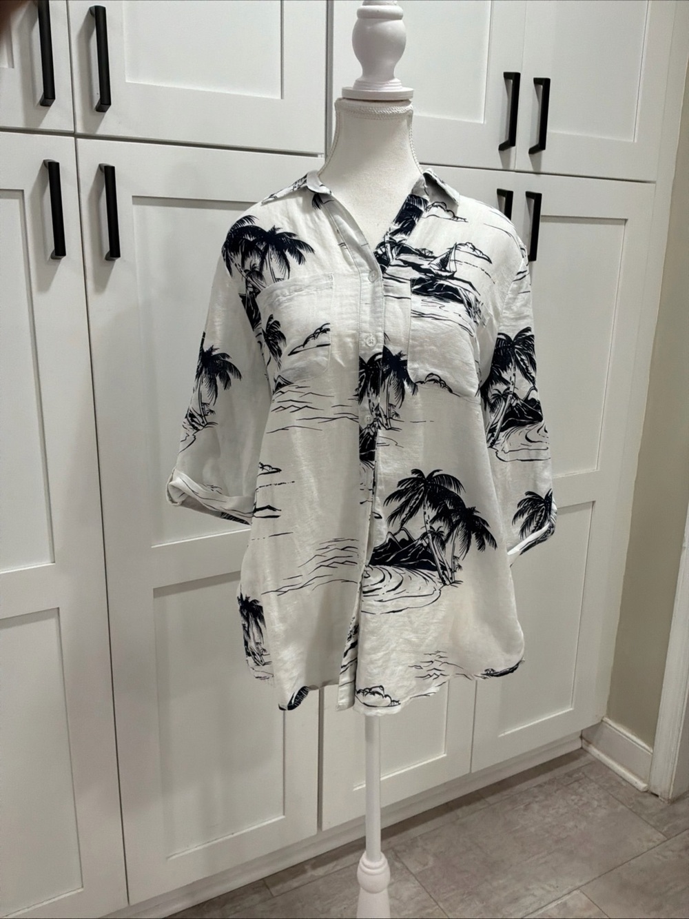 Chicos Women’s Linen Cotton White Navy Nautical Island Blouse Chicos 1 (M 8/10)